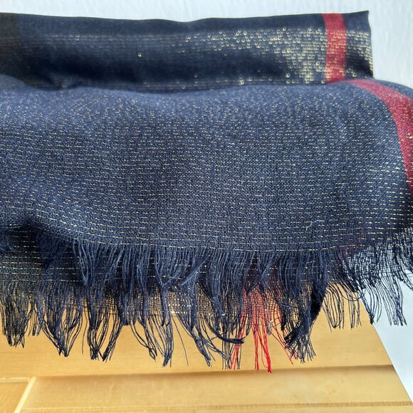 NWT Artizan Robin Barre Sparkly Plaid Scarf or Wrap, Navy With Red, Gold Sparkle - Picture 6 of 16